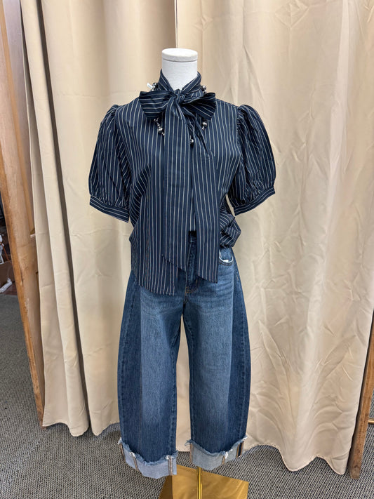 Navy Striped Bow Top