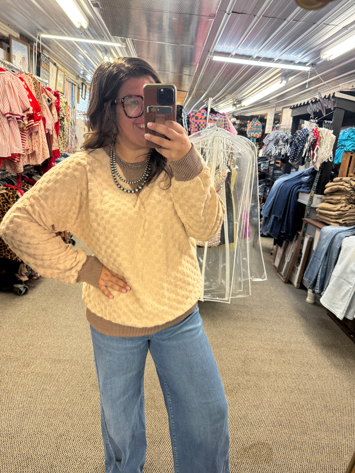 Texture Checked Pullover Top