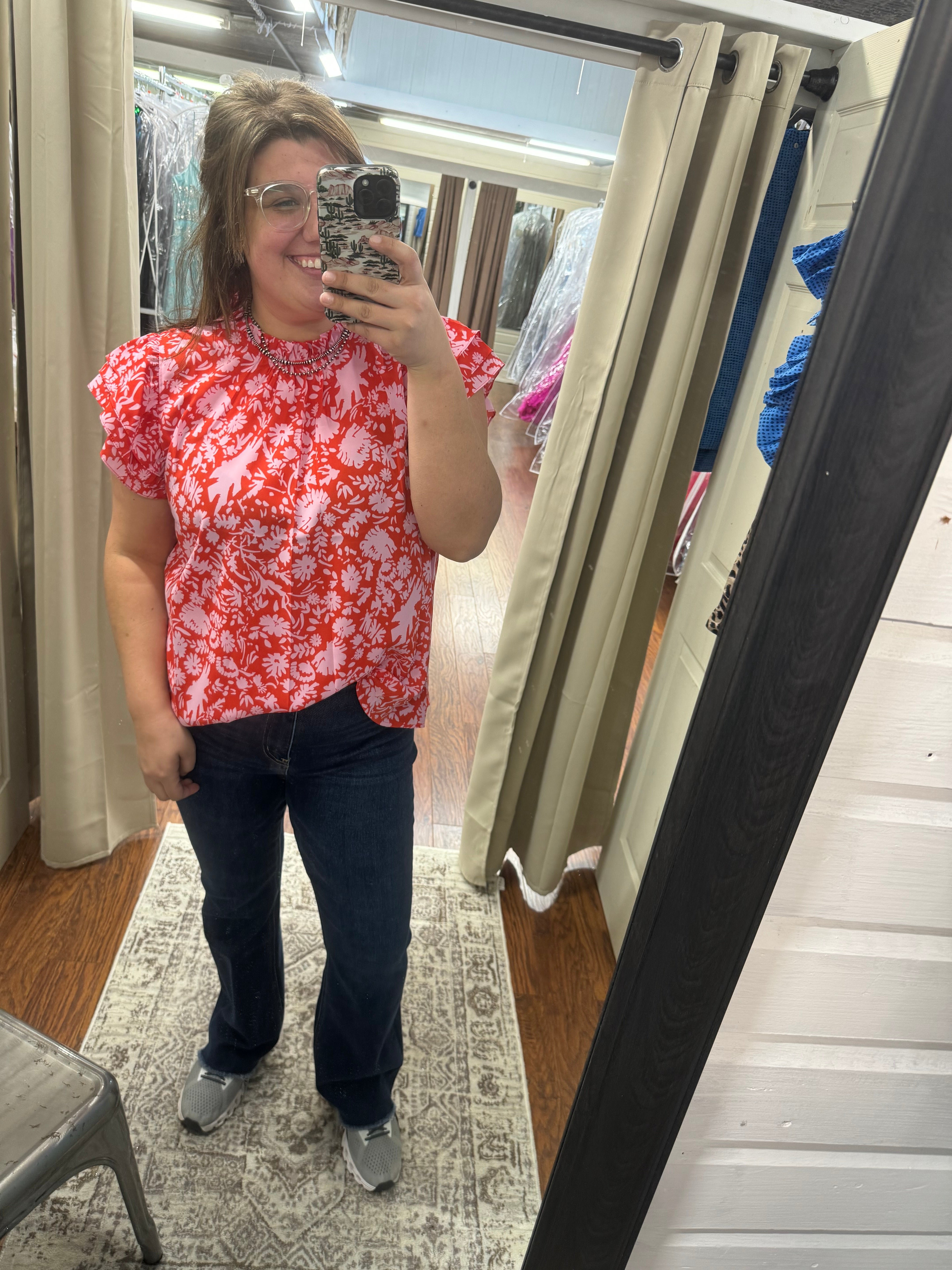 Red Floral Ruffle Top
