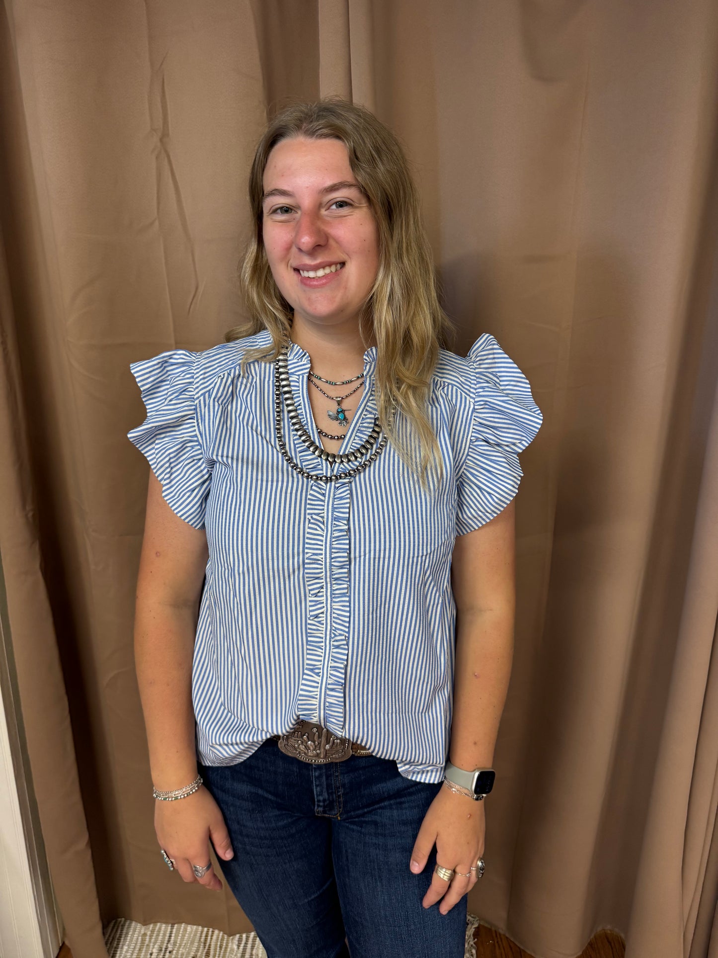 Blue Striped Ruffle Tank