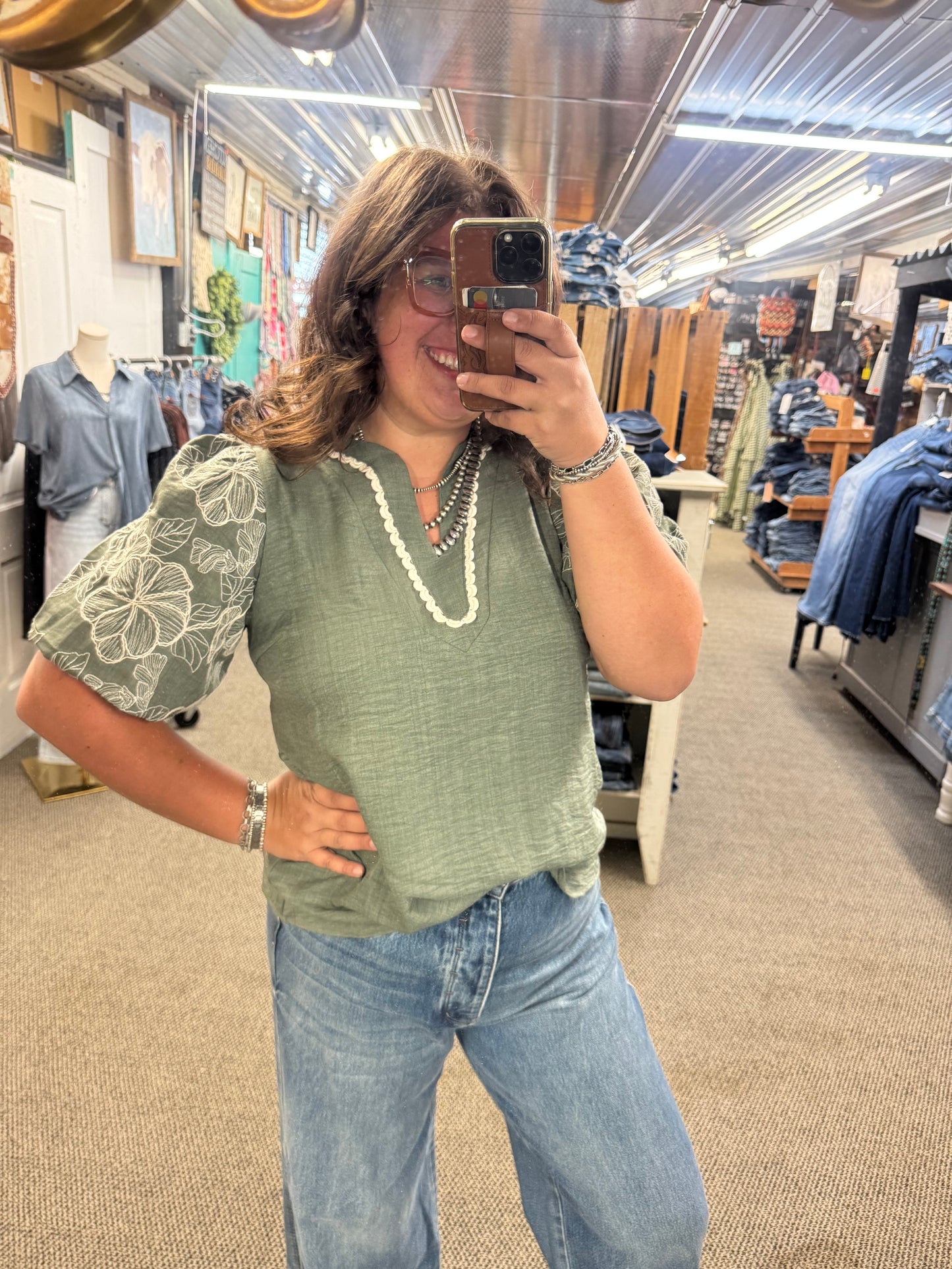 Olive Embroidered Sleeve Top