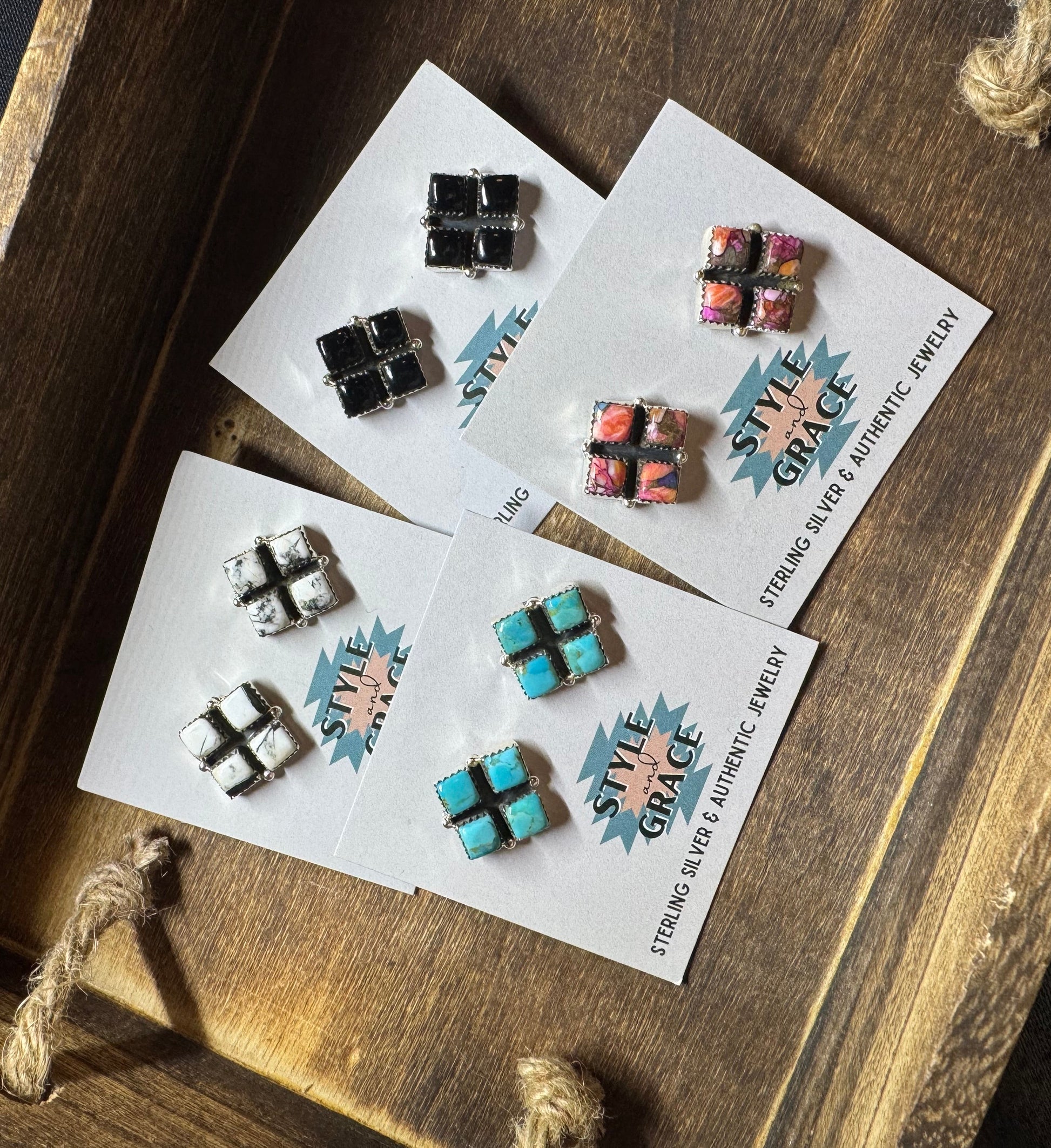 Turquoise, spiny, white Buffalo and onyx earrings in a four stone style — sterling silver 