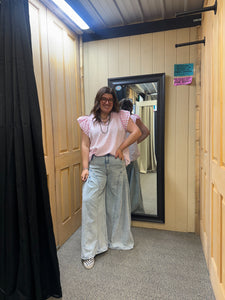 Pink Striped Flutter Sleeve Top