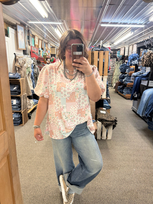 Blush Patchwork Puff Sleeve