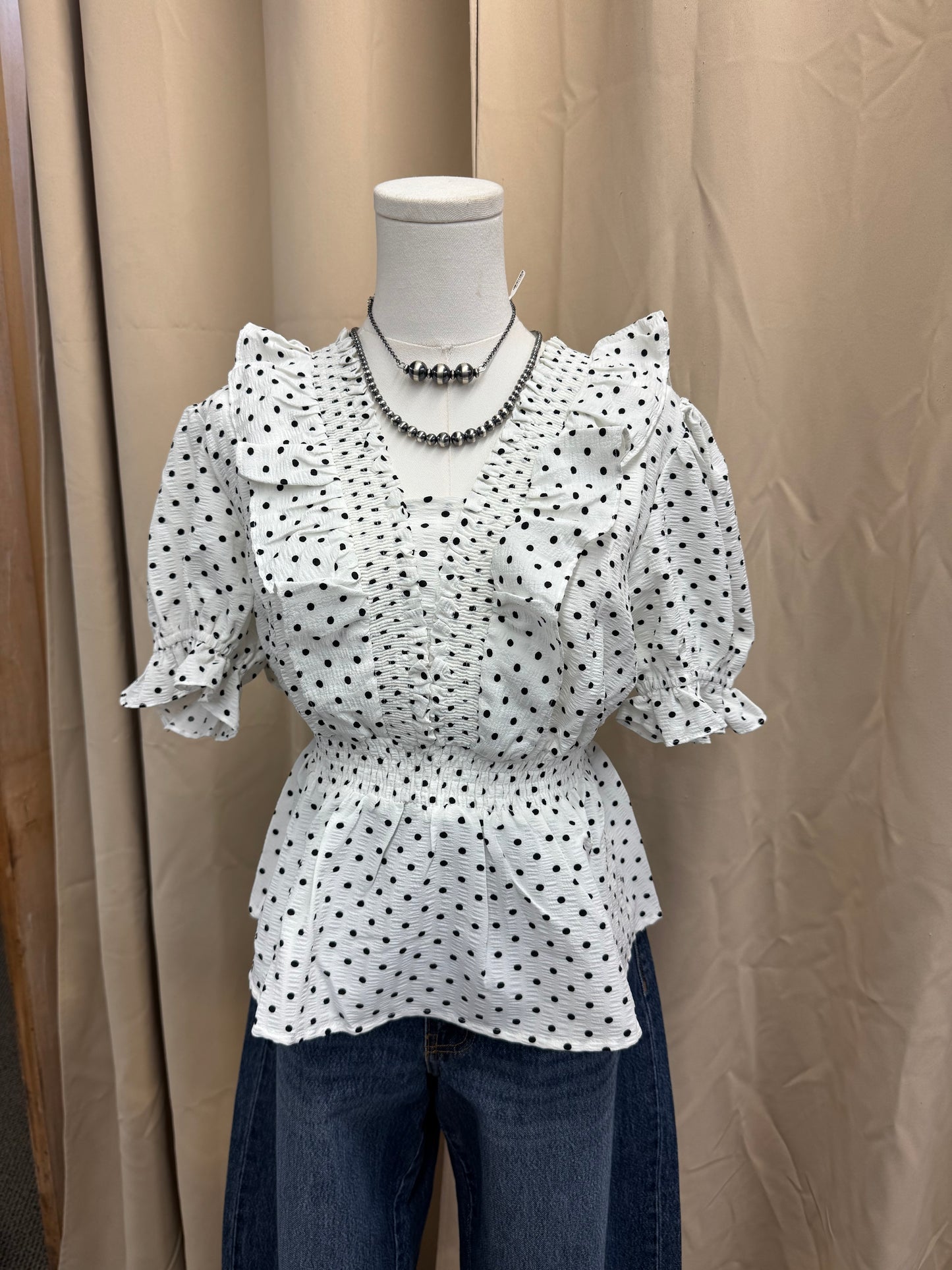 White Dot Ruffle Top