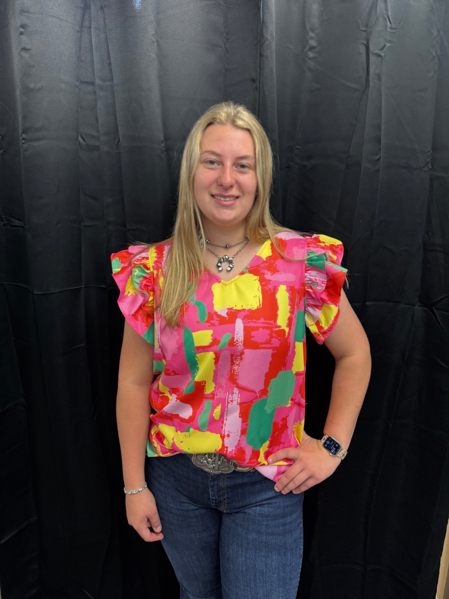 Abstract Print V-Neck Flutter Sleeve Top