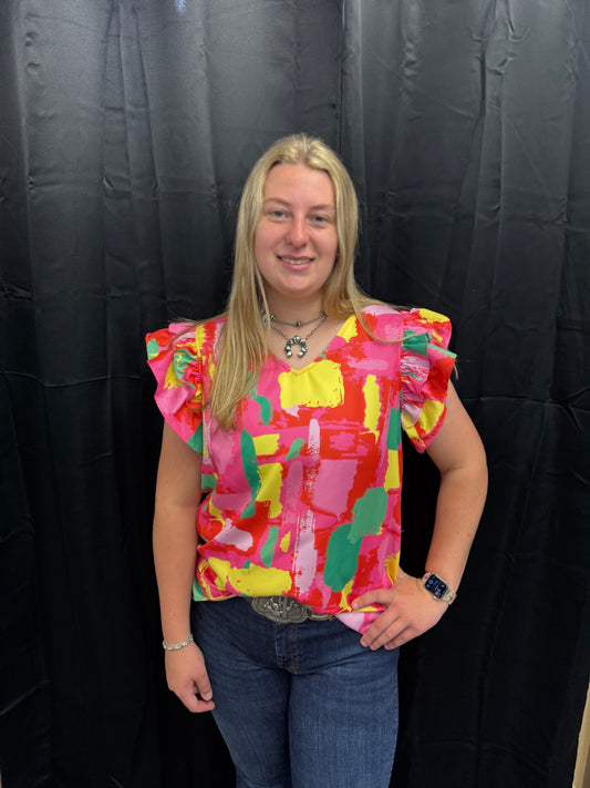 Abstract Print V-Neck Flutter Sleeve Top