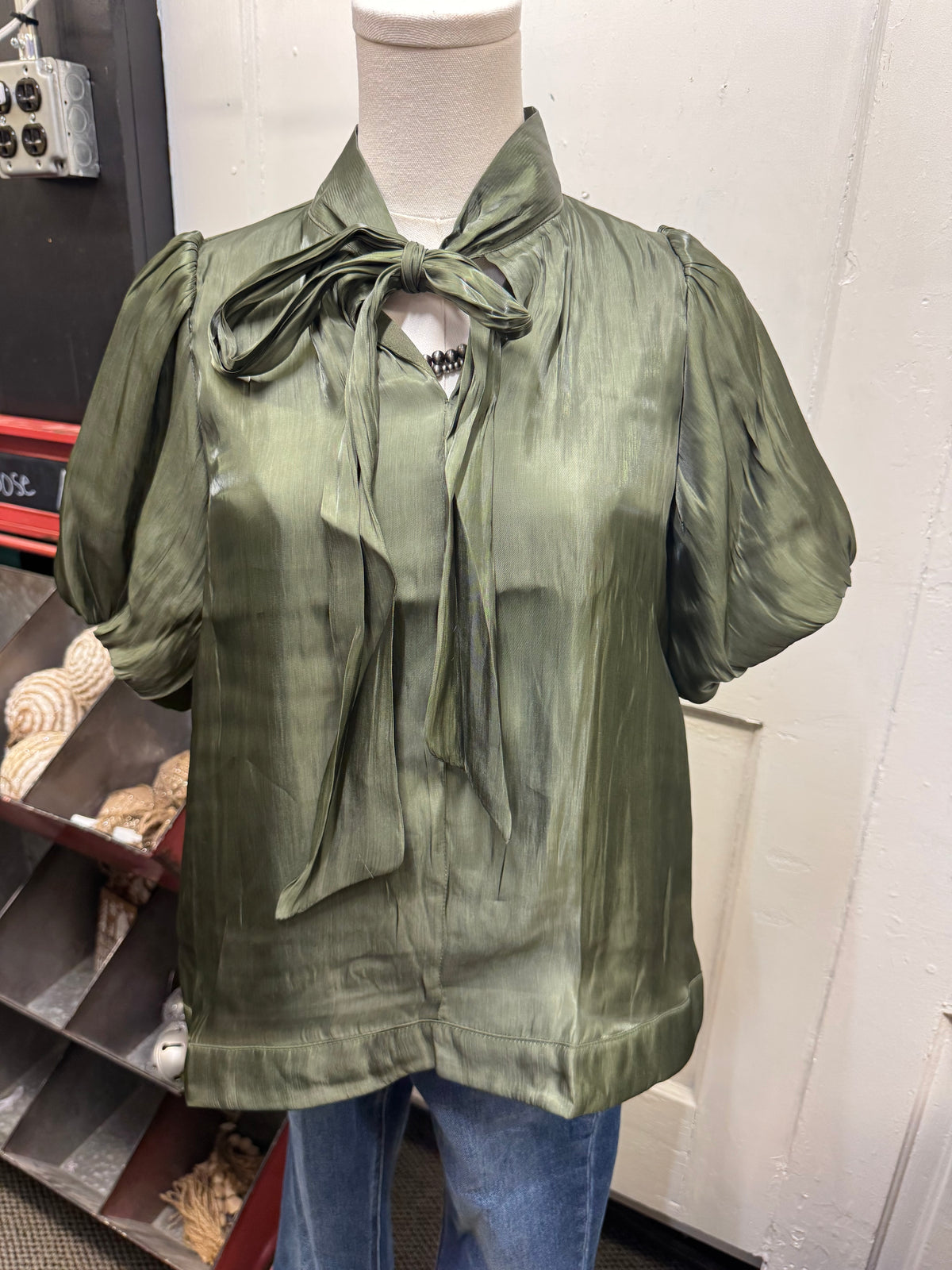 Olive Shiny Tie Front Top