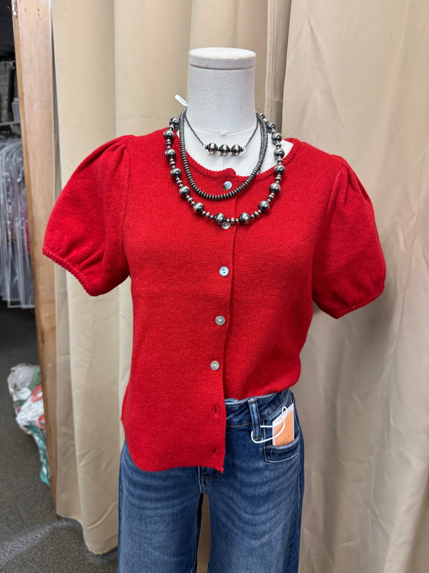 Red Puff Sleeve Sweater Top
