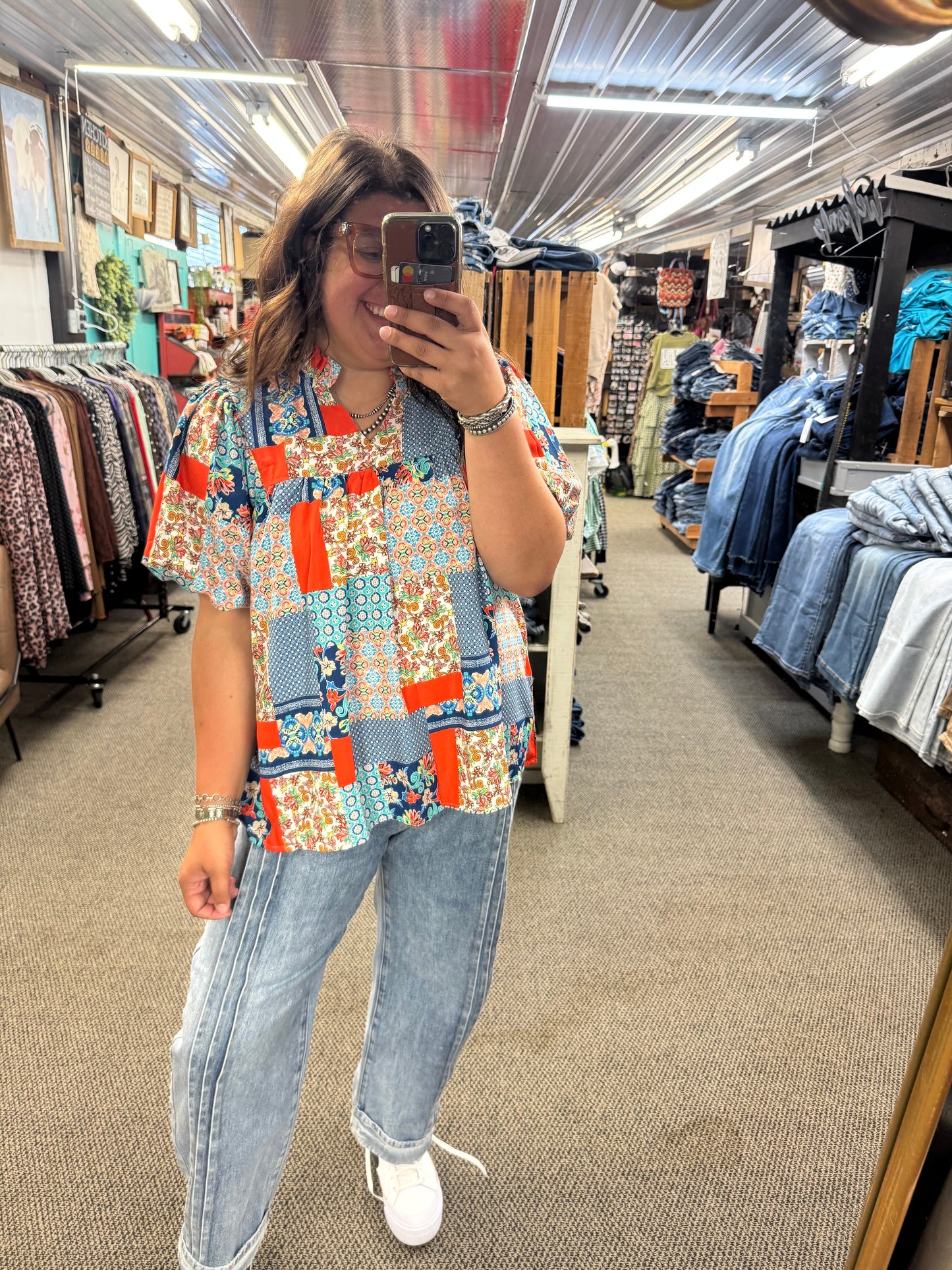 Blue & Orange Patchwork Top