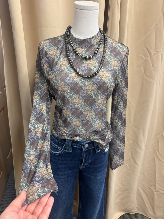 Checkered Camo Mesh Top