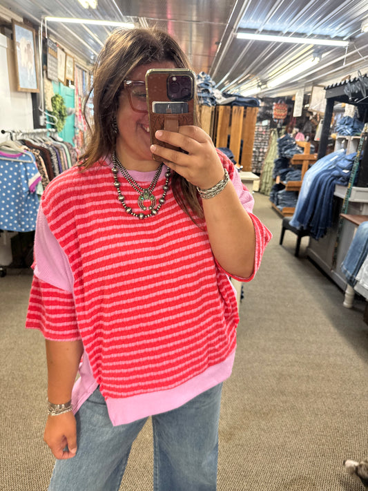 pink and red striped top