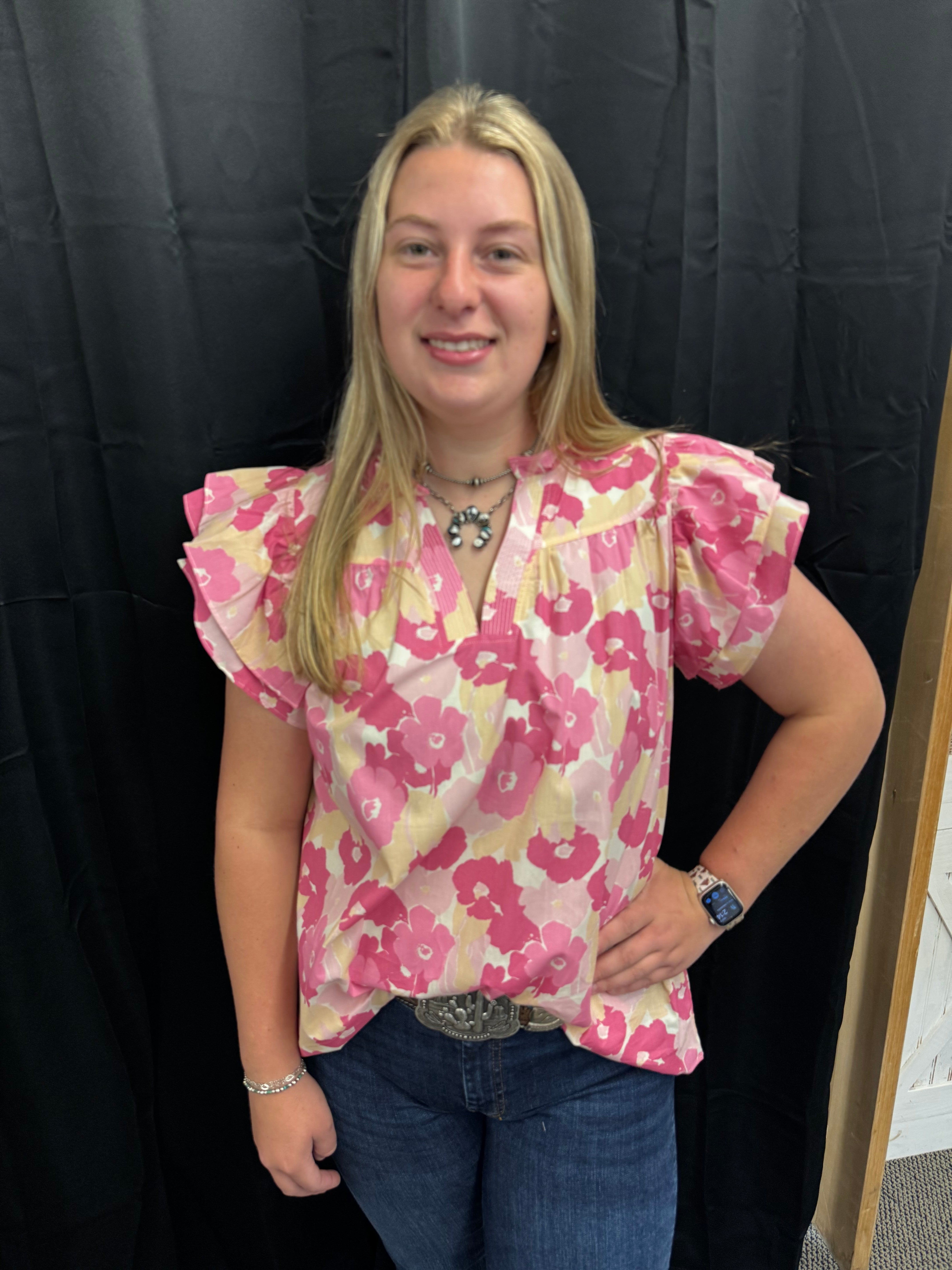 Pink Floral Flutter Sleeve Top
