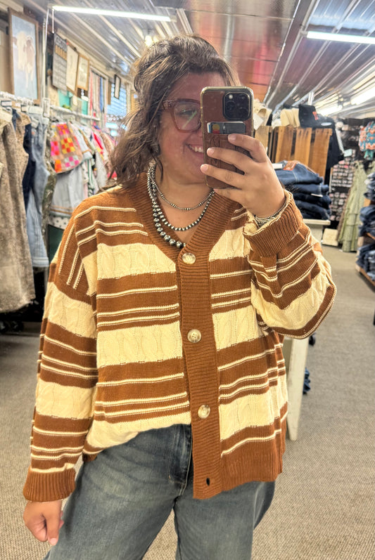 Brown Cable Striped Cardigan