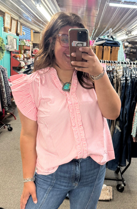 Pink Striped Ruffle Tank