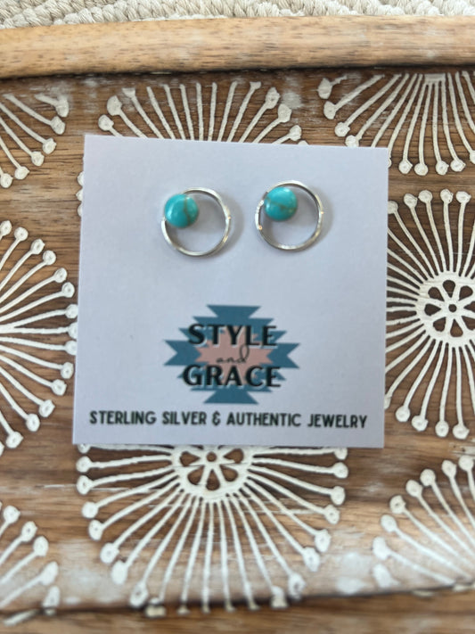 Sterling Silver Circle Turquoise Stud Earrings