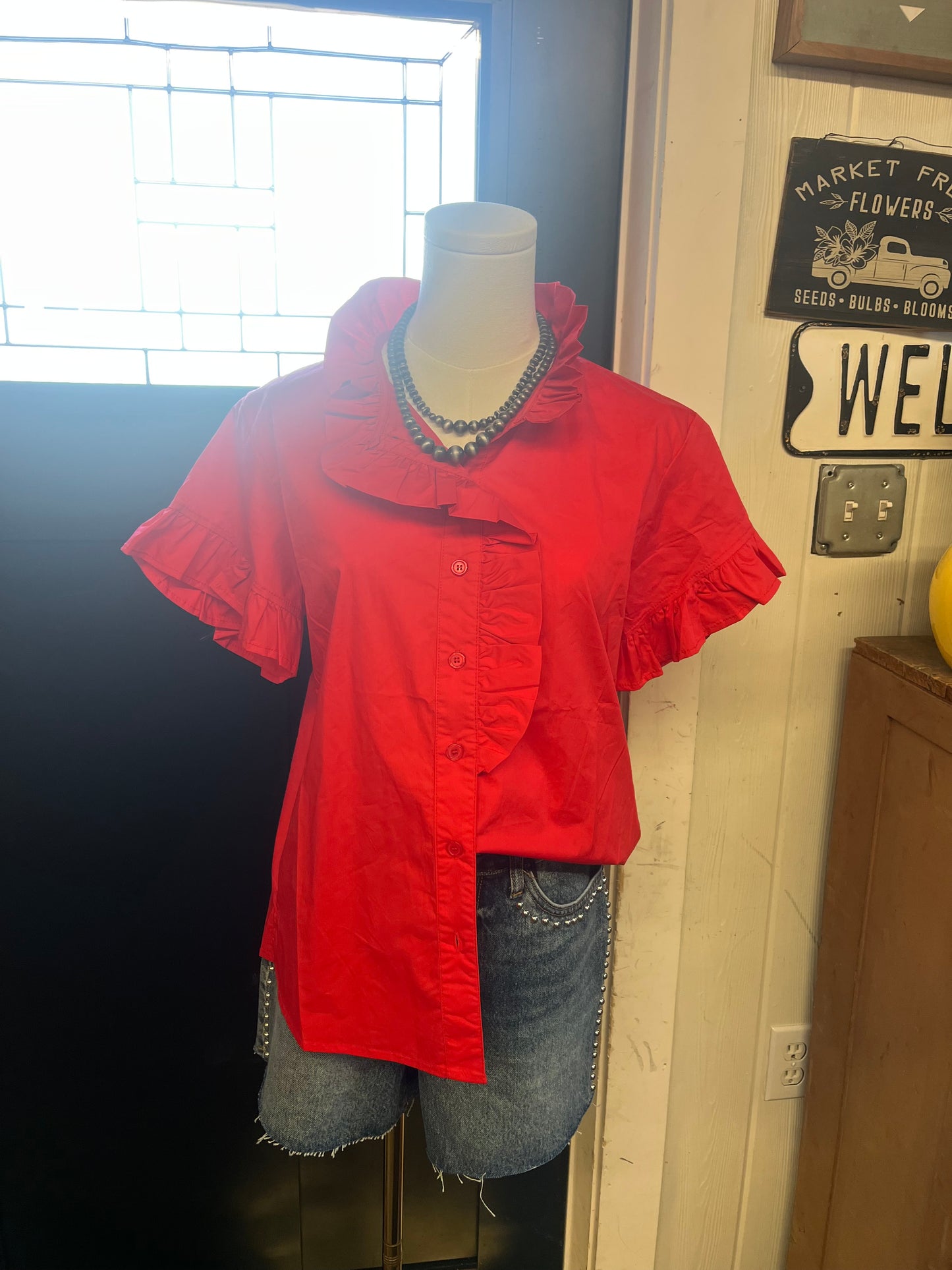 Red Ruffle Front Top