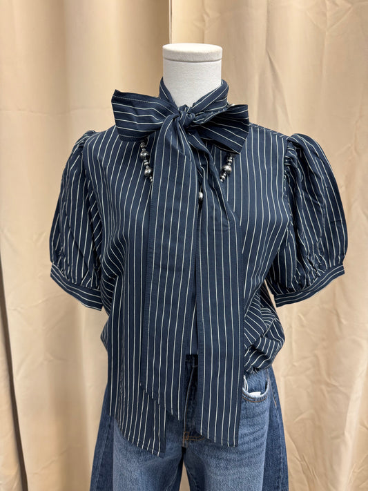 Navy Striped Bow Top