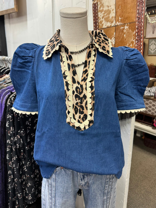 Denim + Cheetah Puff Sleeve