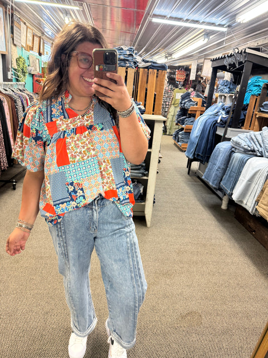 Blue & Orange Patchwork Top