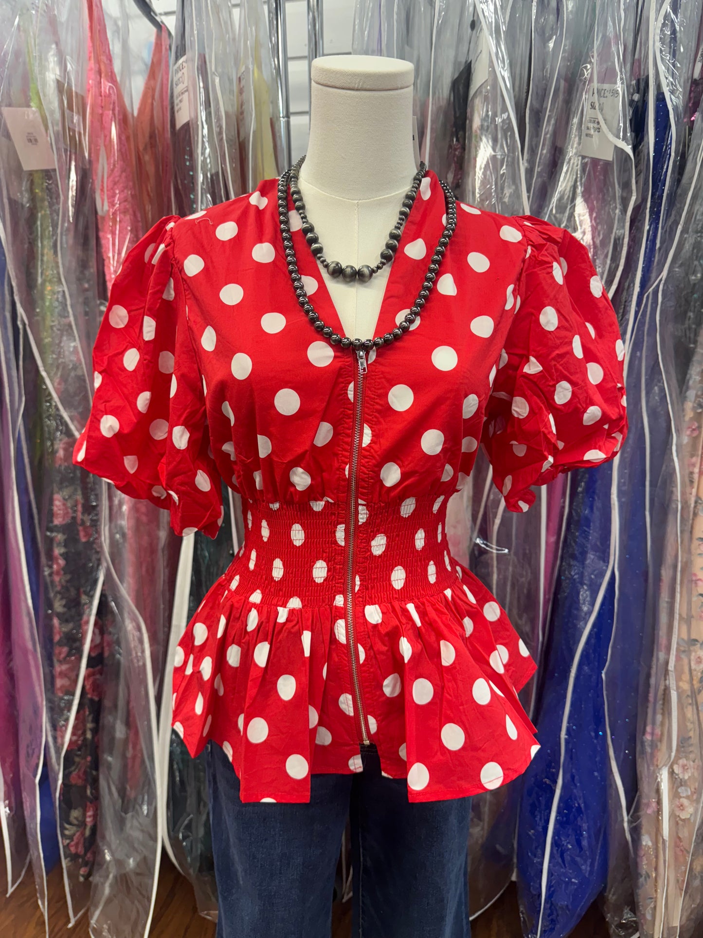 Red Polka Dot Smocked Top