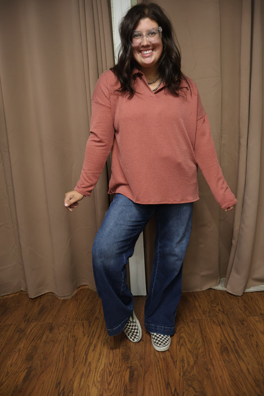 Rust collared ribbed top