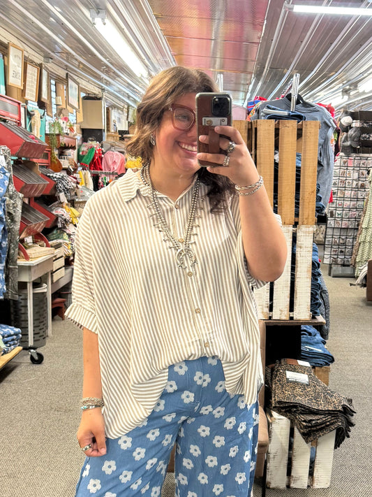 Taupe Striped SS Button Up