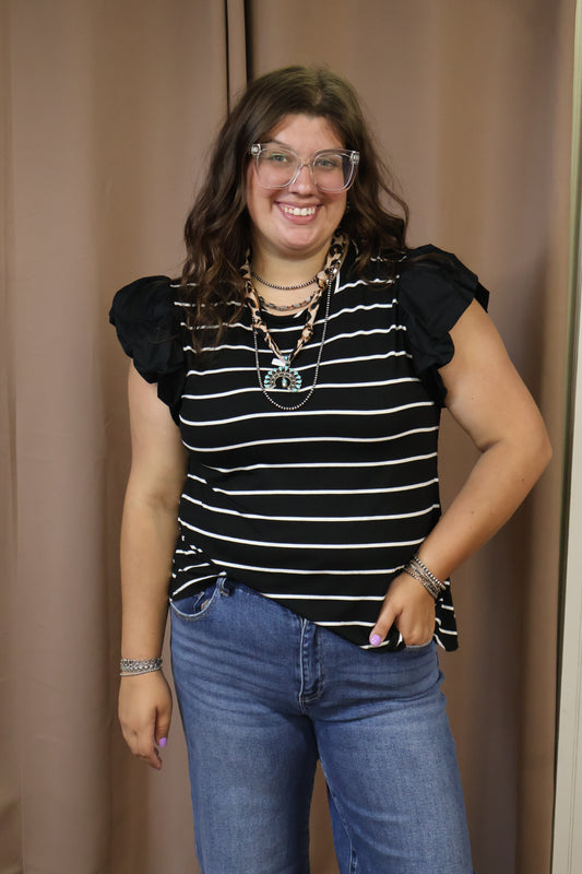 Black Striped Puff Sleeve