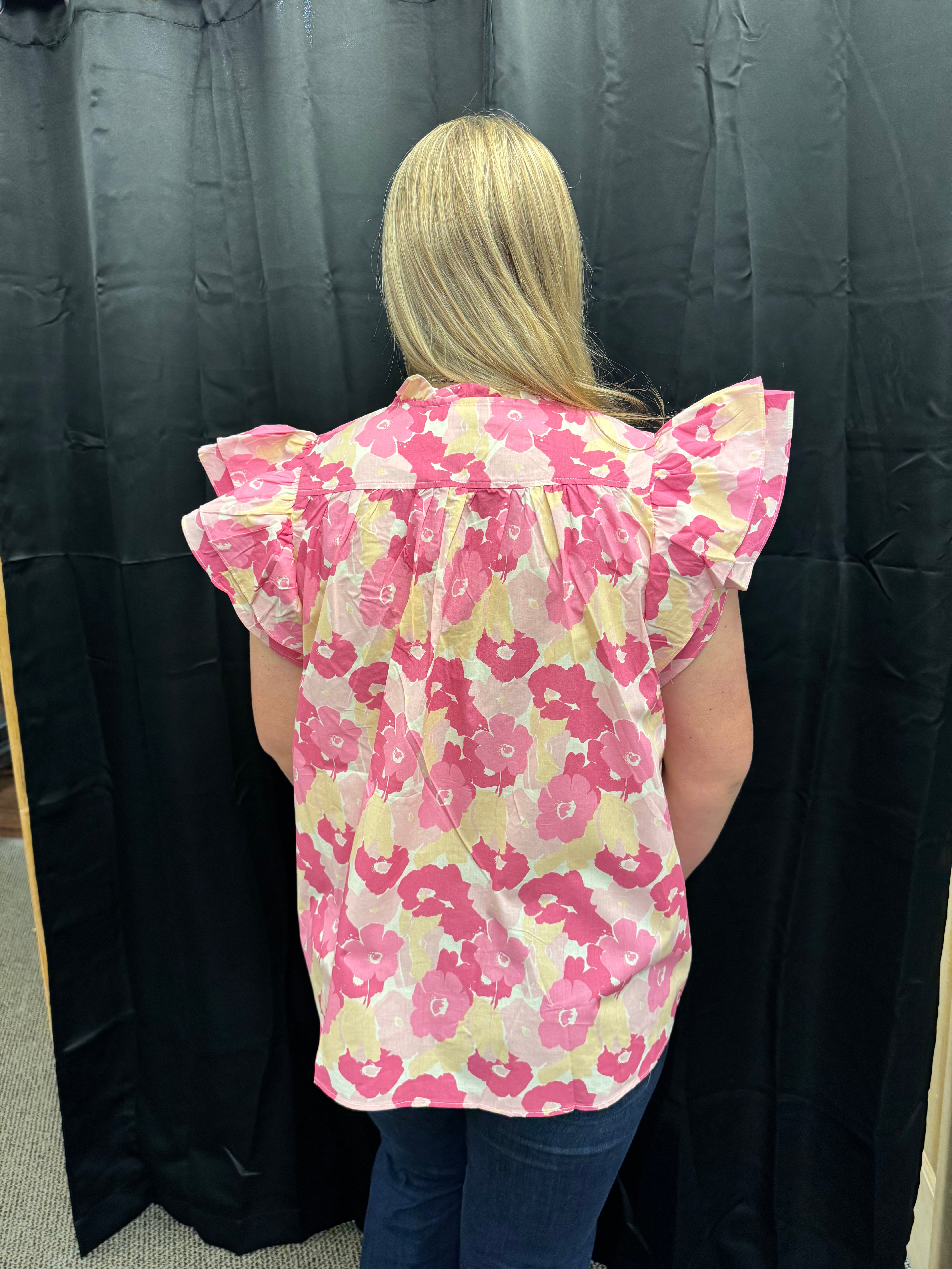 Pink Floral Flutter Sleeve Top