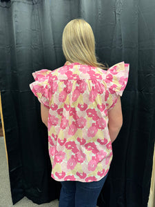 Pink Floral Flutter Sleeve Top
