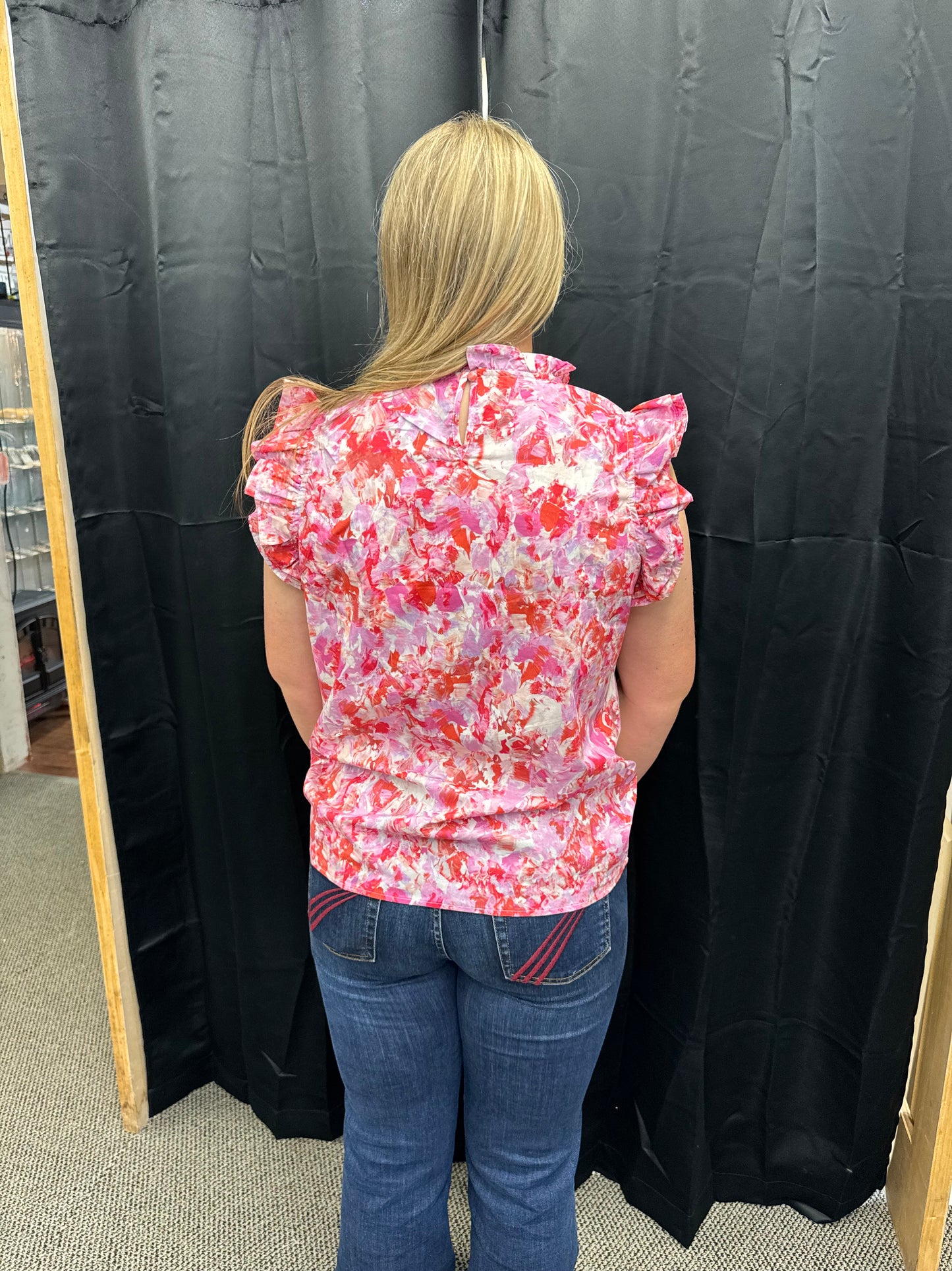 Pink Abstract Print Flutter Sleeve Top