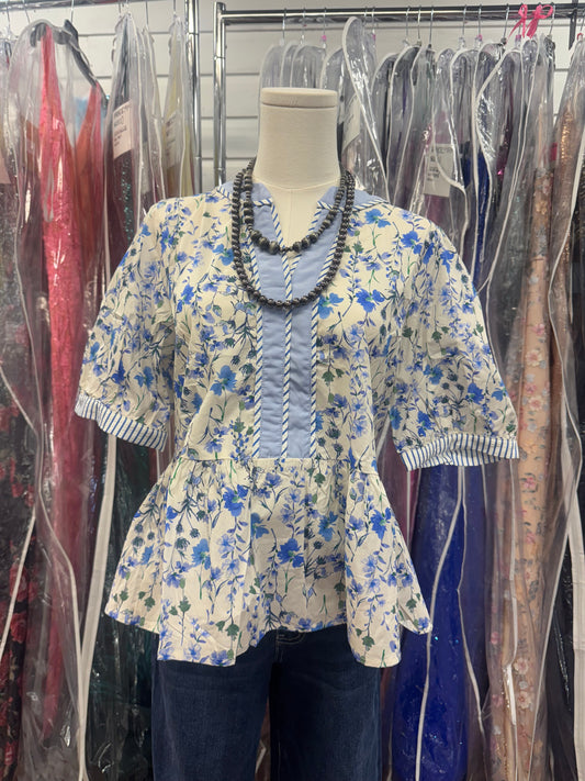 Blue Floral Babydoll Top