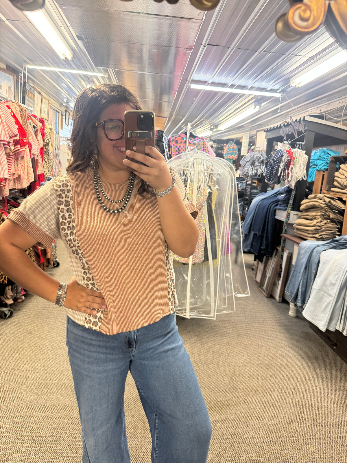 Gingham and Cheetah Mix Top