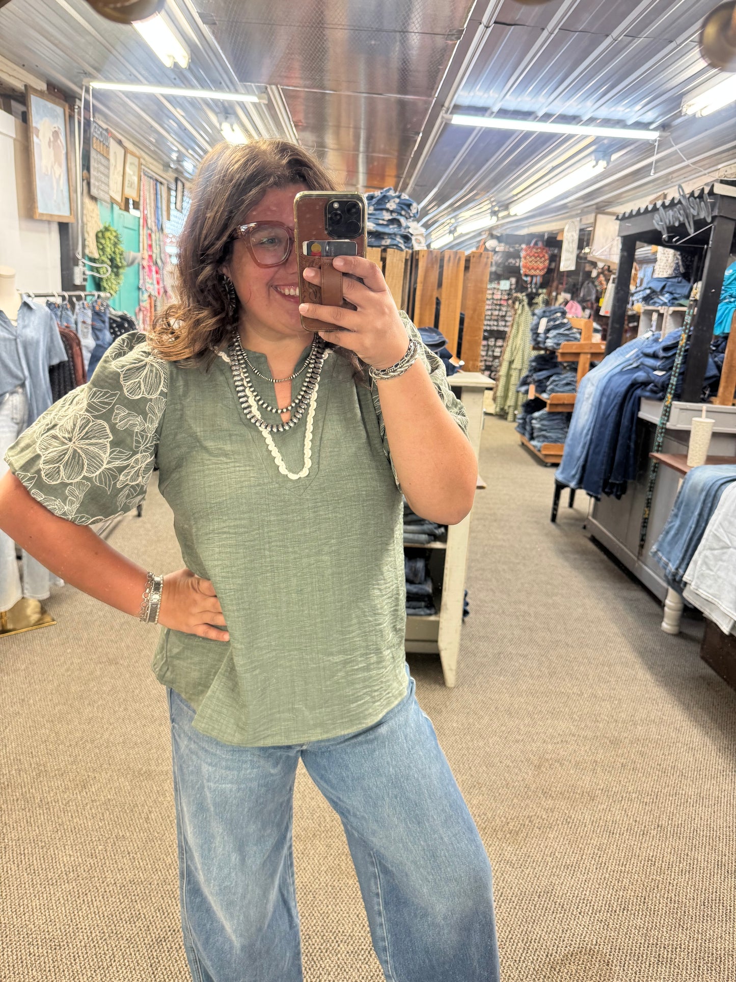 Olive Embroidered Sleeve Top
