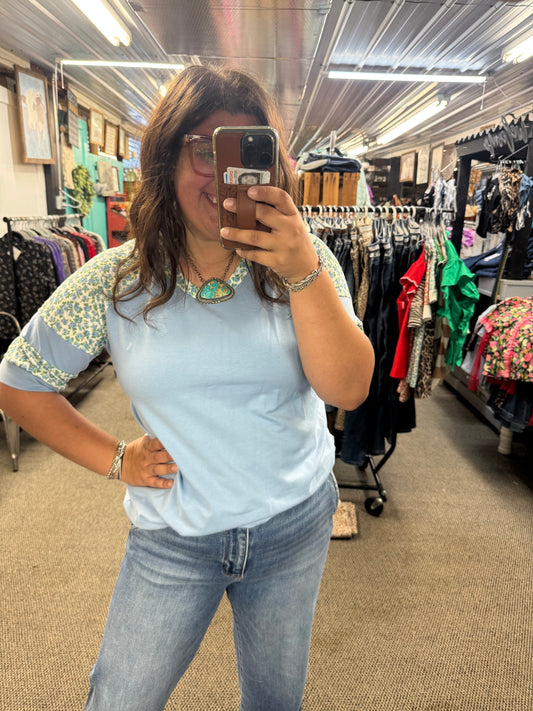 Blue Floral Top Raglan Top