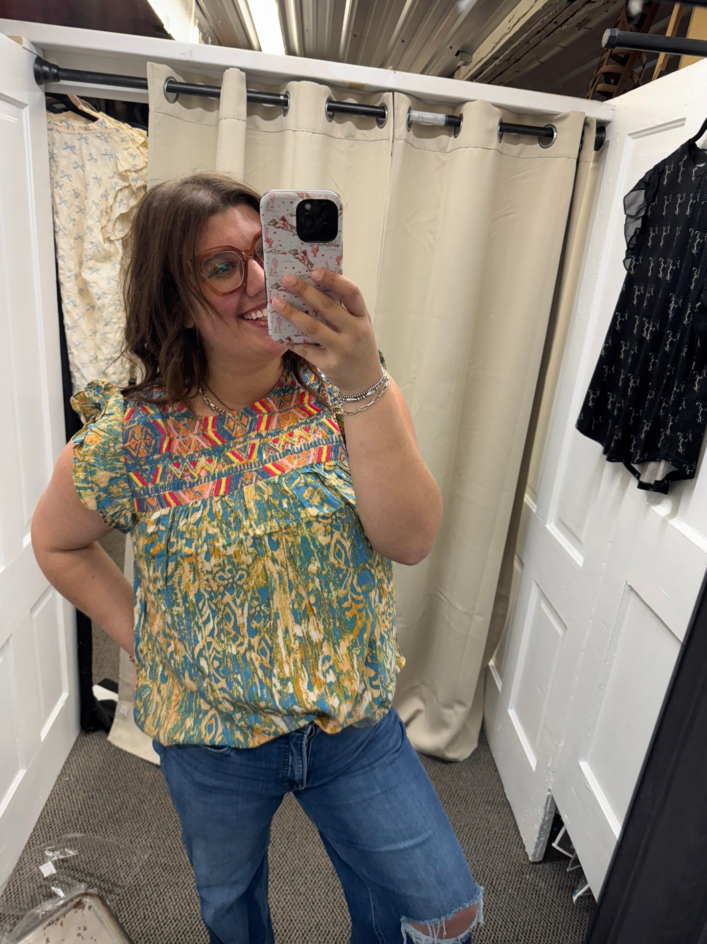 Yellow & Blue Embroidered Flutter Sleeve
