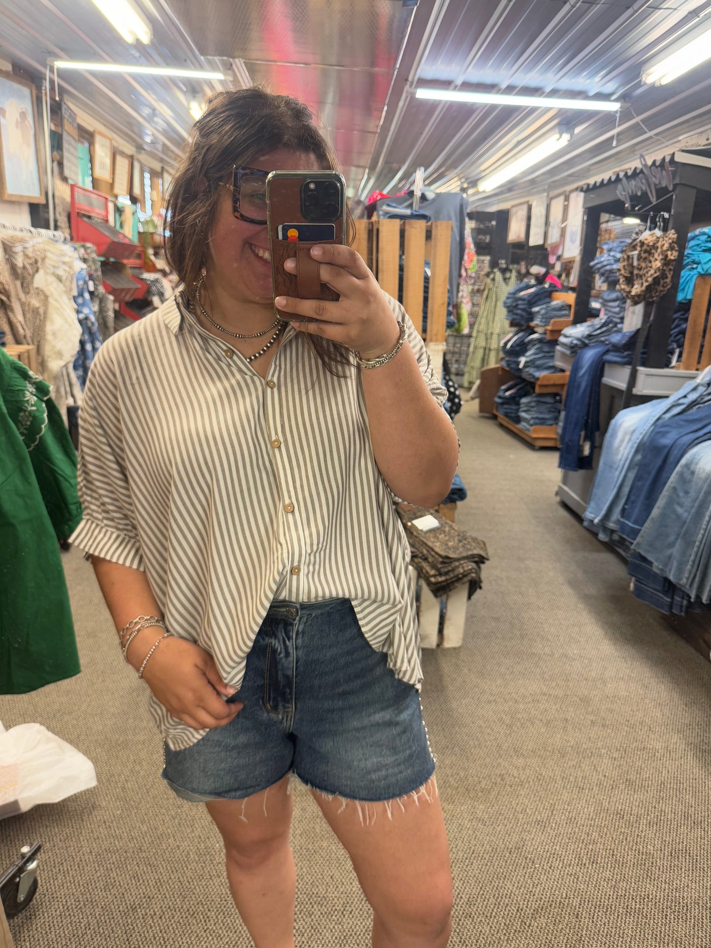 Mocha Striped SS Button Up