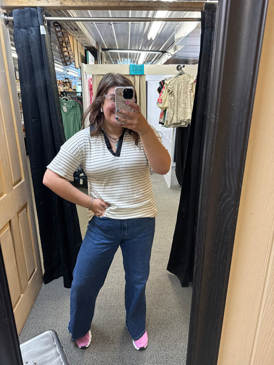 Cream Striped Collared Top