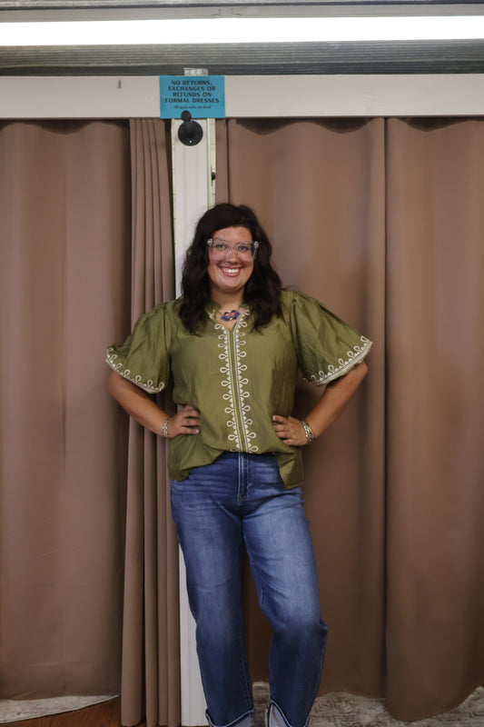 Olive Embroidered Top