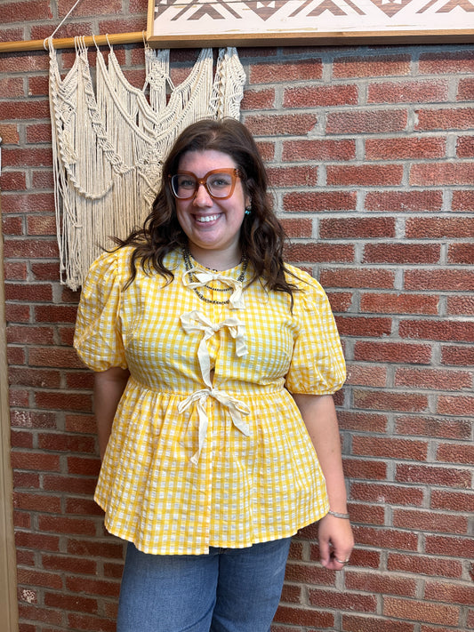 Yellow Gingham Tie Front Top