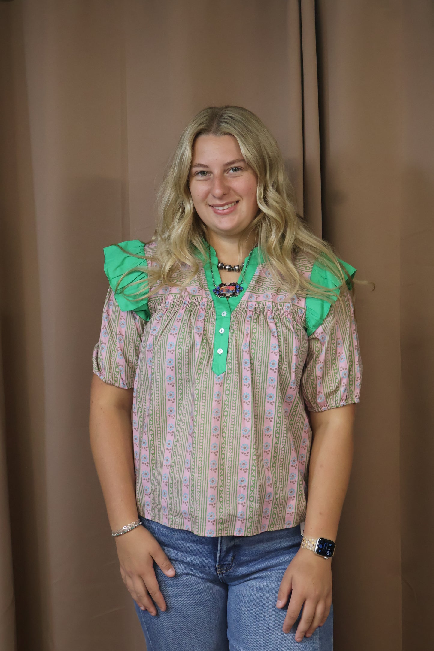 Green & Pink Print Top