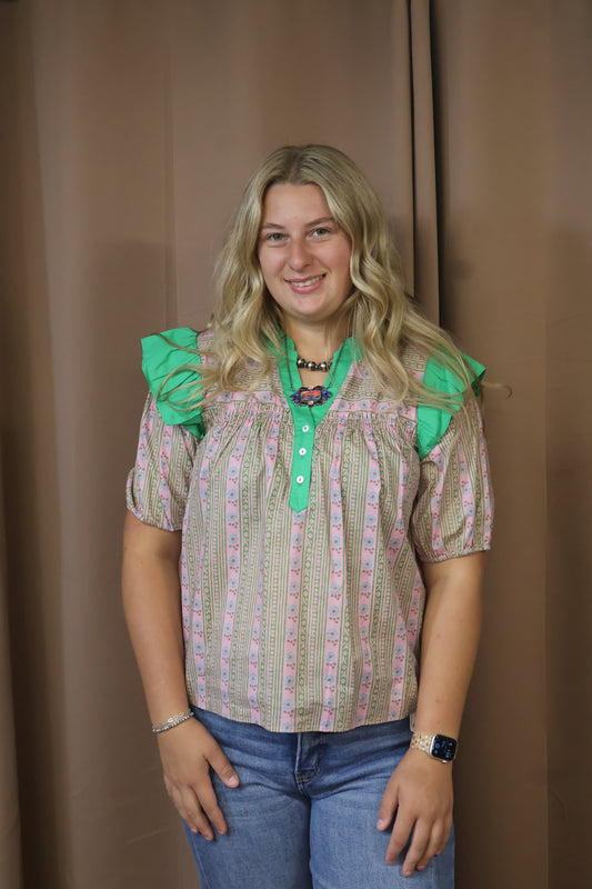 Green & Pink Print Top