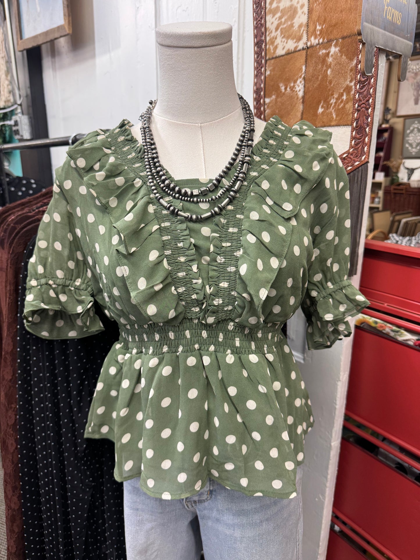 Olive Polka Dot Ruffle Top