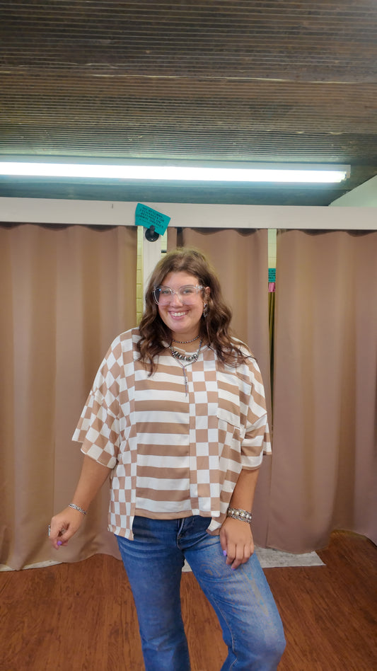 Brown checkered and striped split top