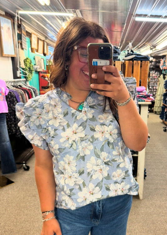 Blue and White Floral Top