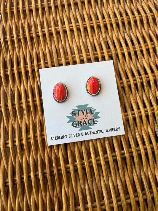 Small Red Spiny Oval Earrings Earrings