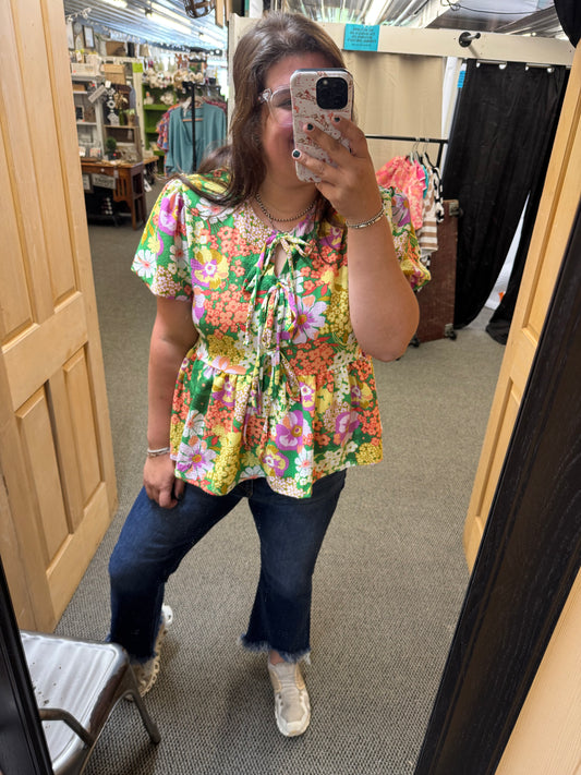 Green floral puff sleeve