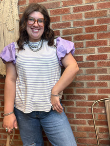 Lavender Striped Puff Sleeve Top