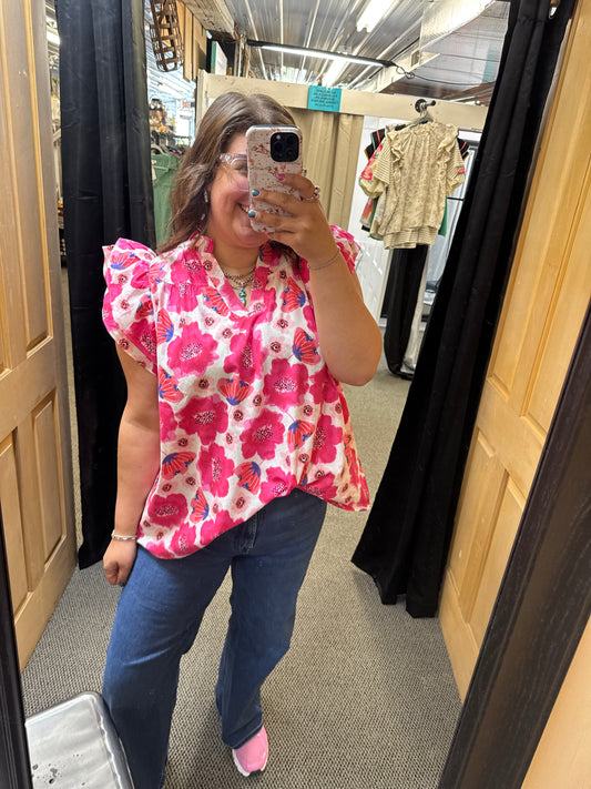Pink and Blue Floral Flutter Sleeve Top