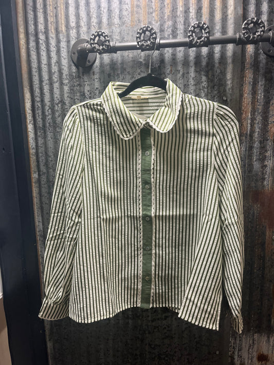 Olive Scallop Trim Button Down